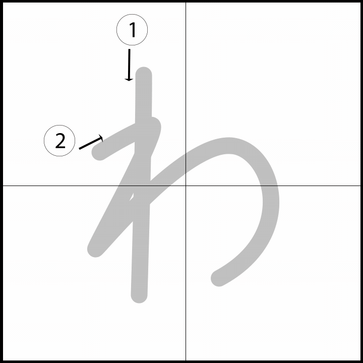 Stroke order for わ