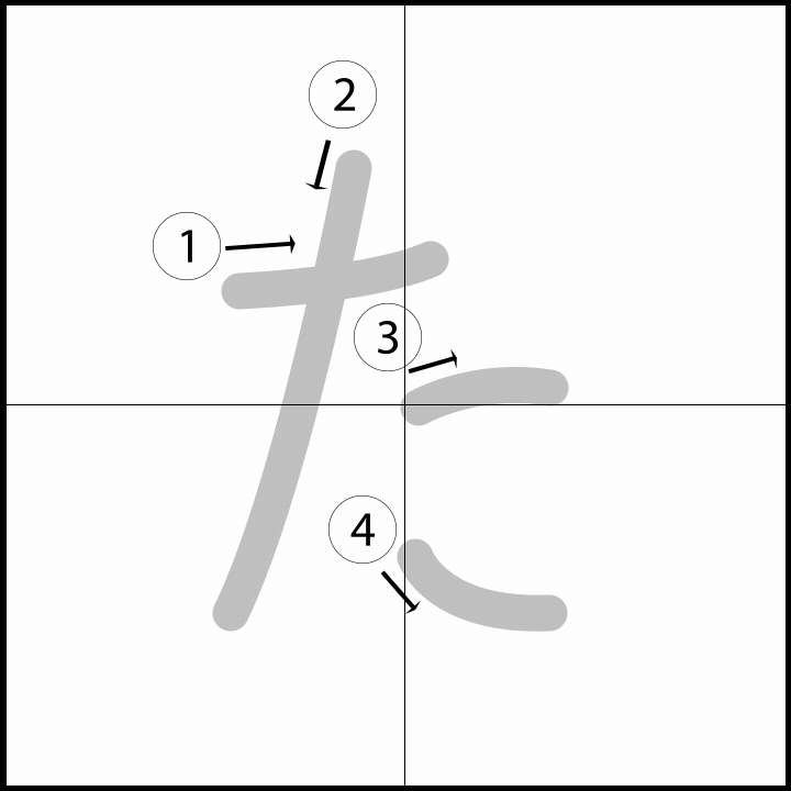 Stroke order for た